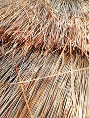 Dry straw full frame. Coconut leaf broom texture. Detail of a heather broom for street cleaning. Raffia background. Cleaning utensils.