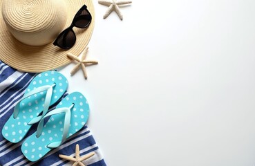 Summer beach accessories like hat sunglasses flip flops and starfishes laid out on white background. Vacation concept photo composition with striped towel.