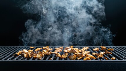 Sizzling barbecue cooking action black background food photography smoky environment close-up view grilling concept