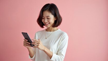 Young asian woman smiles while holding tablet device. She uses smartphone for online communication and browsing. Girl enjoys digital connection on pink background.