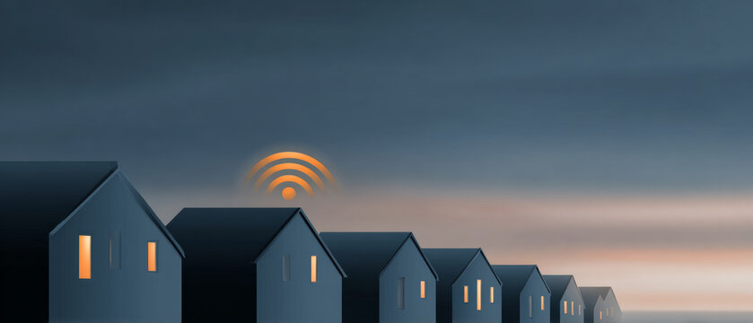 Row of modern houses at dusk with illuminated and a glowing Wi-Fi signal icon above one roof symbolizing smart home connectivity