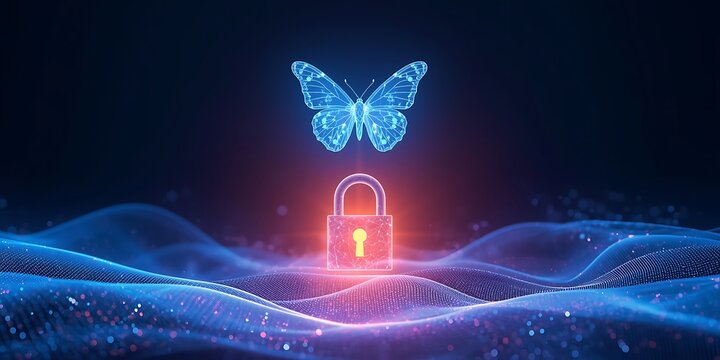 Cybersecurity concept digital butterfly and padlock symbol for data protection online safety