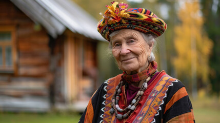 Portrait of an elderly Finnish grandmother in traditional national costume celebrating Finland's Independence Day. Rustic background with wooden cabin and natural elements