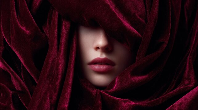 A woman is shrouded in rich red velvet fabric, with only her lips and part of her face visible. The scene captures a sense of intrigue and elegance, set in a studio with soft lighting.
