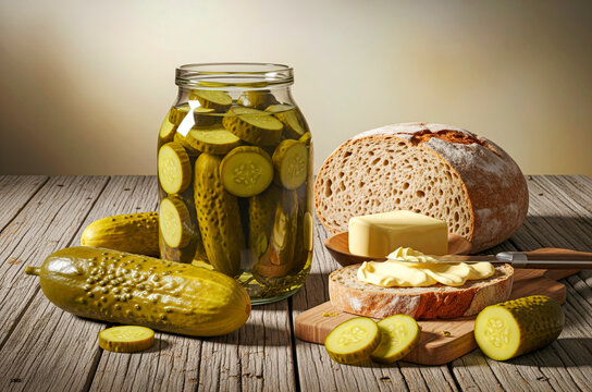 Jar of Pickled Cucumbers with Fresh Sourdough Bread and Butter on a Rustic Table (Alternative: Traditional Snack or Meal with Pickles and Homemade Bread)