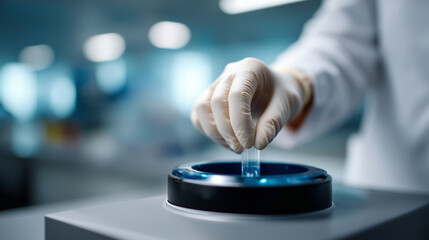 A laboratory technician wearing sterile white gloves operating a blue mini centrifuge machine in a modern scientific laboratory. The technicianâs hand is carefully placing a microt