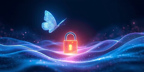 Cybersecurity concept digital lock with butterfly data protection and privacy online safety