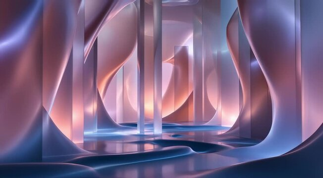 A room filled with shifting, translucent walls that move like liquid, constantly changing shape, soundtracked by deep, immersive ambient tones  