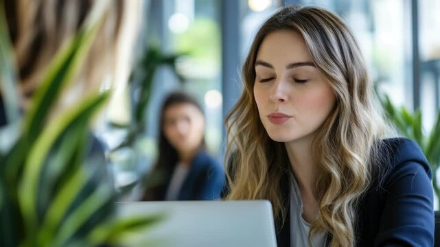 Businesswoman working in a modern office environment on her laptop.
