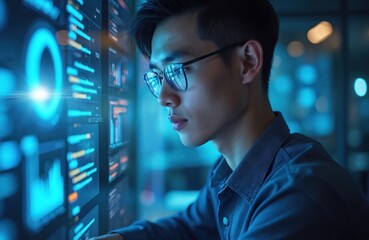 Asian man in glasses analyzes data on futuristic holographic interface. Programmer works at night with digital charts, screens showing info. Tech pro studies information.