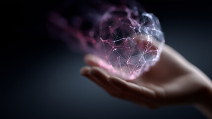 A futuristic concept of a womanâs hand gently holding a glowing digital sphere made of interconnected nodes and lines, symbolizing global network communication and the metaverse. A