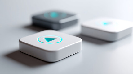 Close-up of modern square-shaped electronic devices with illuminated triangular play buttons on a smooth surface in soft focus background