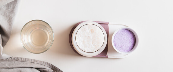 Cloudy pink matcha with taro vegetable in a glass on the table top view web banner