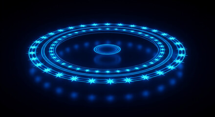 3D Render of Blue Neon Glowing Futuristic Sci-Fi Circle Podium (Alternative: Hi-Tech Holographic Display or Magic Portal on Dark Background)