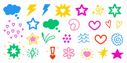 Collection of colorful hand drawn icons and symbols including hearts stars lightning bolts and thought bubbles