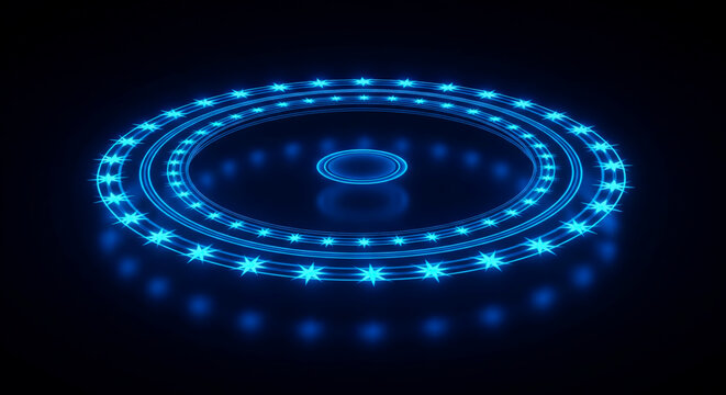 3D Render of Blue Neon Glowing Futuristic Sci-Fi Circle Podium (Alternative: Hi-Tech Holographic Display or Magic Portal on Dark Background)