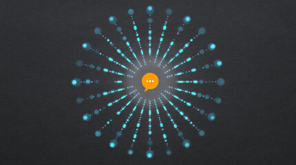 Abstract digital communication concept with glowing blue radial dots surrounding central orange chat bubble icon on dark background