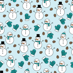 Christmas Snowman Vector. Seamless Pine Cone And Mitten Pattern with Happy Snowmen. Winter seamless pattern Background,
