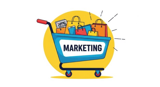 Marketing Shopping Cart: A vivid illustration depicts a shopping cart overflowing with shopping bags and promotional materials, representing the dynamic world of marketing and advertising.