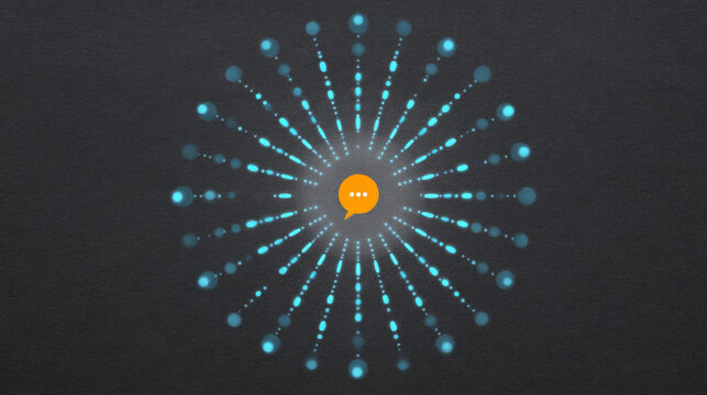 Abstract digital communication concept with glowing blue radial dots surrounding central orange chat bubble icon on dark background
