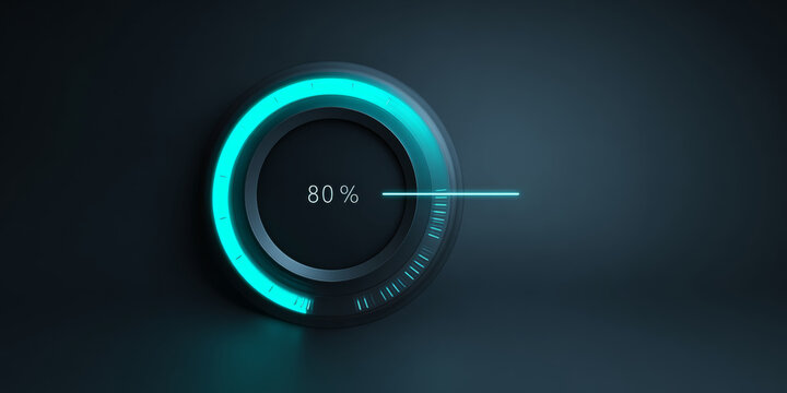 Futuristic digital progress dial showing 80 percent completion with glowing blue circular interface on dark background