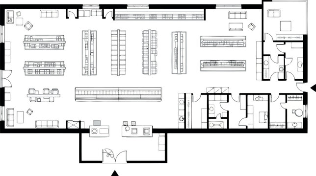 Floor plan of a retail store with aisles, shelves, and checkout counters, topdown view