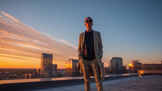 City Skyline Silhouette: a man stands confidently on a rooftop overlooking a vibrant city skyline during sunset, the orange and yellow hues painting the sky.