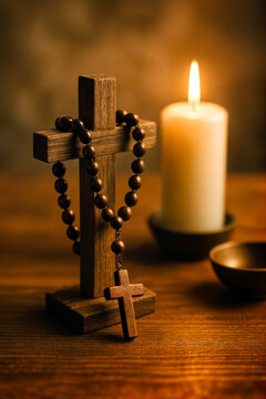 Kreuz und Rosenkranz im warmen Kerzenlicht &ndash; Symbol f&uuml;r Glaube und Spiritualit&auml;t
