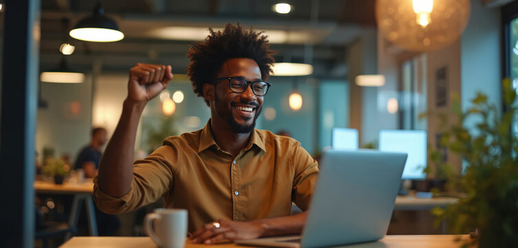 Black man celebrates success in modern office at night. Smiles, clenches fist looking at laptop screen, expressing immense joy. Pro works late, achieves major goal, digital triumph, wins big project,
