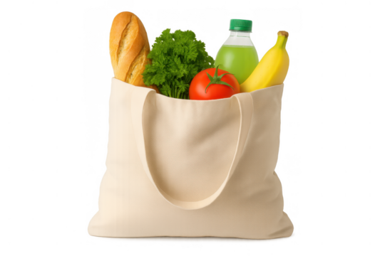 Reusable shopping tote bag filled with fresh groceries, promoting eco-friendly healthy eating choices and sustainable living