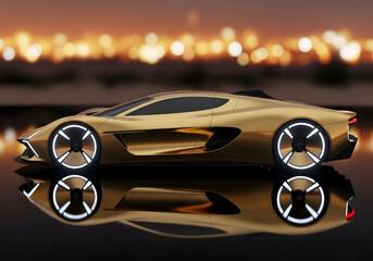 Gold sports car with glowing white rims and city lights