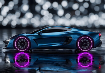 Blue sports car with pink neon rims and bokeh lights