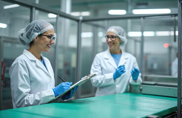 Two women in hygiene uniforms and gloves check product quality on a factory conveyor belt. One records data on a clipboard while the other speaks. Clean facility operation.