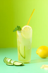Refreshing summer drink with lemon, cucumber, and mint in a glass on a bright green background.