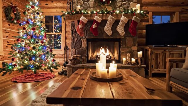 Cozy Christmas fireplace with decorated mantel and hanging stockings, Christmas fireplace scene evokes comfort and holiday cheer. Interior details include stone hearth,
