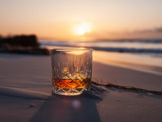 Glass of whiskey resting on sandy beach at sunset with ocean waves in the background.