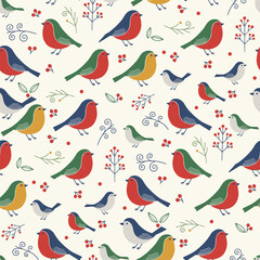 Christmas Pattern Vector. Seamless Christmas Bird Pattern with Berry and Branch. Merry Christmas Nature Seamless Pattern Background. Perfect for textile, wallpaper or print design.