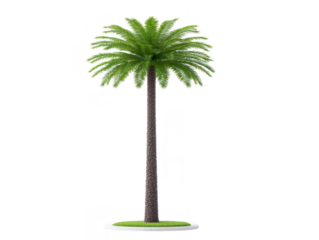 Tall palm tree with lush green fronds, textured brown trunk, and circular grass base, isolated on transparency background, evokes tropical, relaxing, and summer vibes
