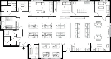 Detailed architectural floor plan of a retail store with various sections and back office areas