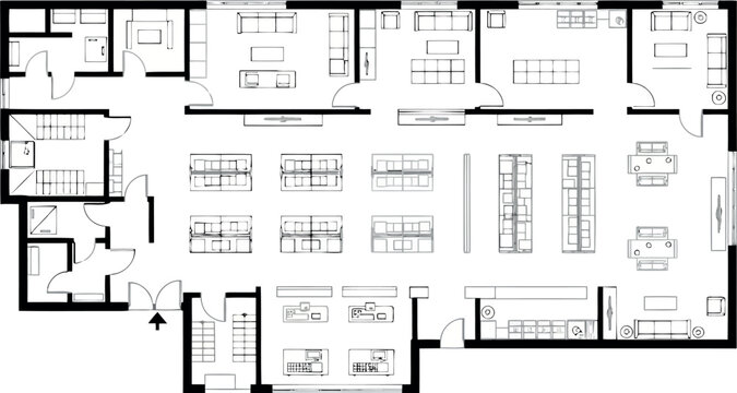 Detailed architectural floor plan of a retail store with various sections and back office areas