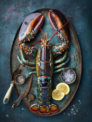 Fresh whole lobster on a dark textured platter with ice, lemon slices, and seafood utensils.
