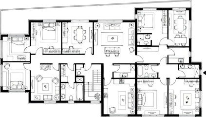 Detailed architectural floor plan of a spacious apartment with multiple bedrooms and living areas