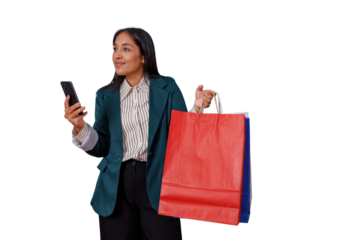 Woman shopping online with smartphone, holding bags, enjoying retail therapy and e-commerce on transparent background