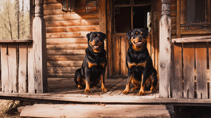Two Rottweiler dogs sitting on the porch of a rustic wooden cabin.
