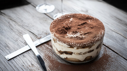 Classic tiramisu dessert dusted with cocoa powder on a wooden table.