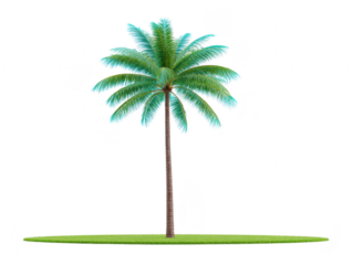 Tall palm tree with lush green fronds, standing alone on small patch of grass, evokes tropical, serene, and relaxing atmosphere, perfect for summer or beach themes