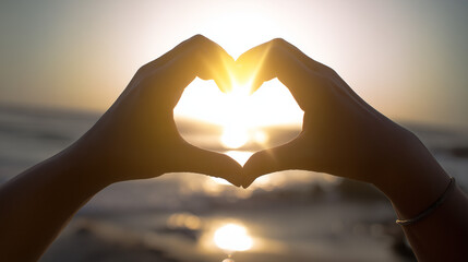 Hands forming a heart shape around the setting sun over a beach at sunset.