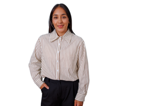 Confident businesswoman smiling, posing for portrait, standing with hand in pocket, having professional look, transparent background - Powered by Adobe