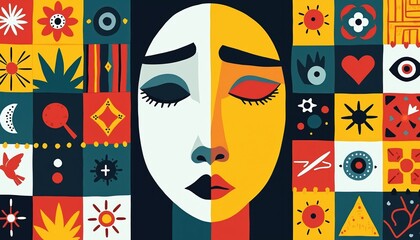 Abstract face divided by color represents dual identity. Colorful mosaic background tiles show diverse symbols like sun, heart, bird, and moon. Represents unity, culture, and self-expression.