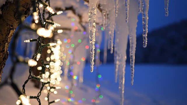 Christmas lights near icicles illuminate the winter landscape, Christmas lights illuminating melting icicles create a festive atmosphere.